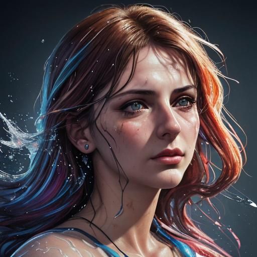 Laughing Woman with Curly Hair: Hyperrealistic Splash Art