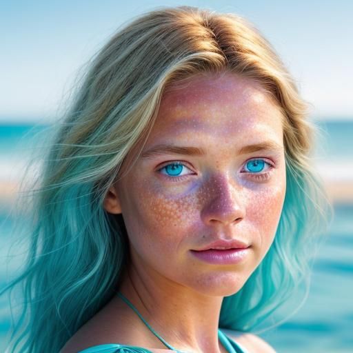 Hyperrealistic Woman on Beach at Golden Hour