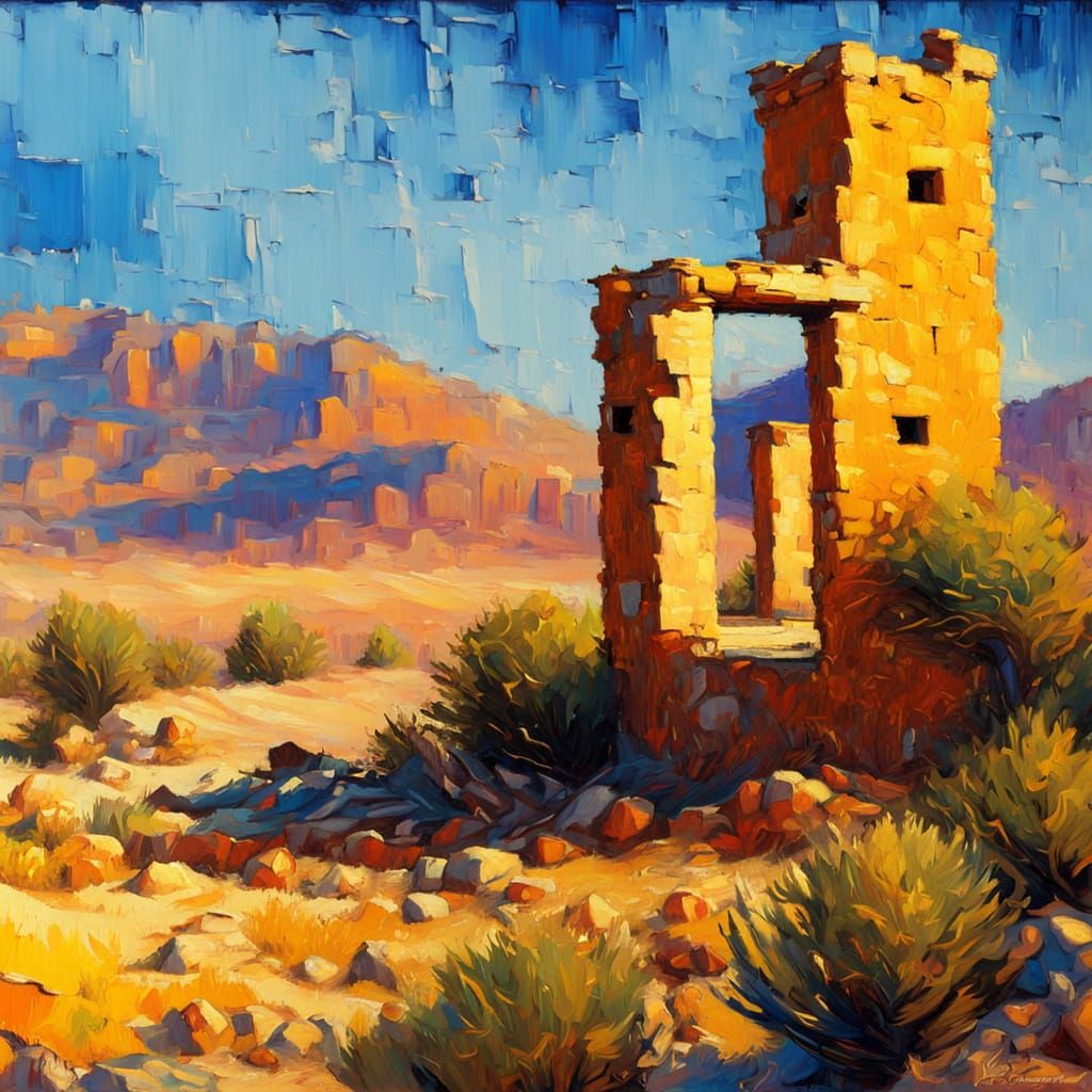Desert Ruin: Neo-Impressionist Oil Painting