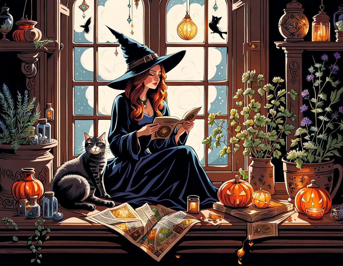 Charming Witch Reads Tarot Cards in Splash Art