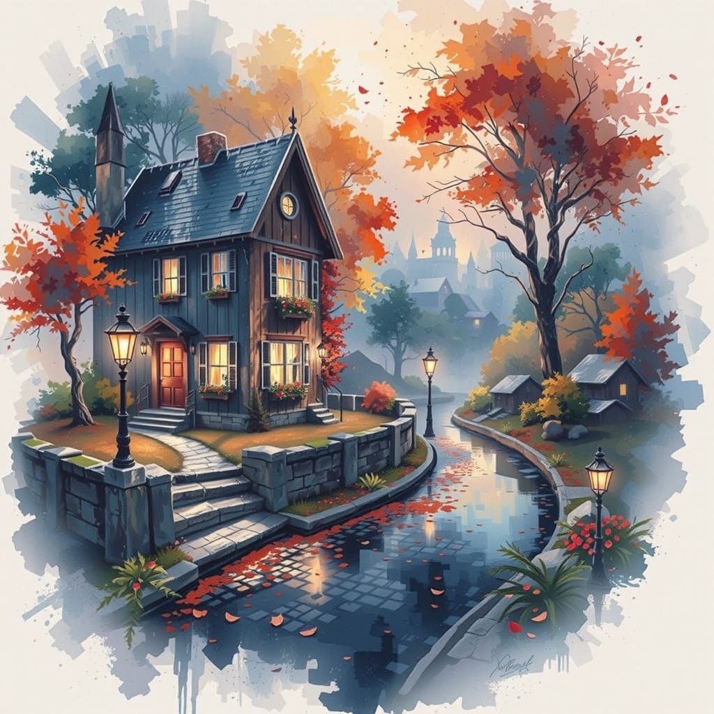 Charming Autumn Village Scene with Radiant Trees
