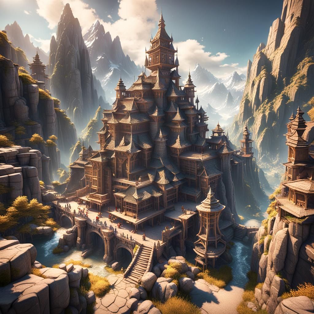Epic Mountain City in 3D Game Style