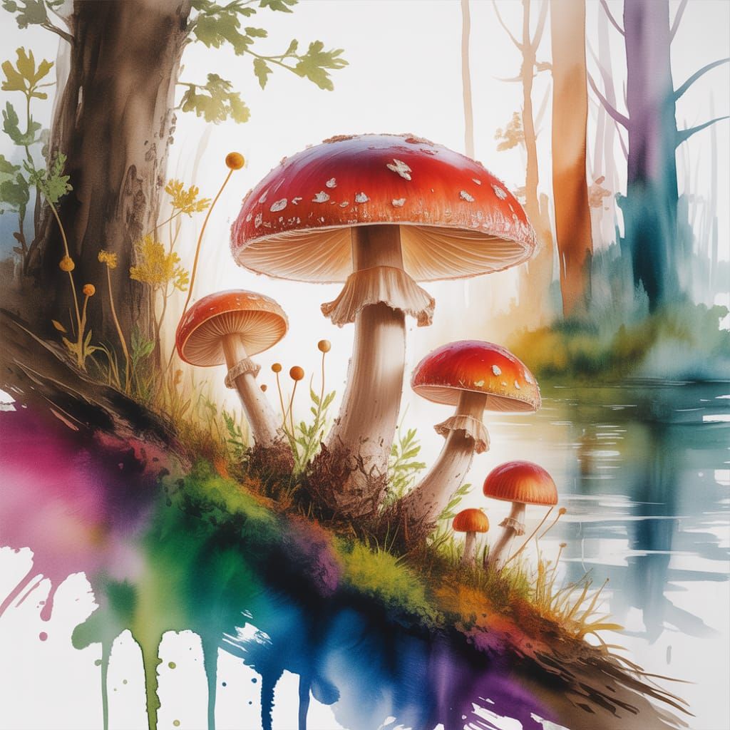 Mushroom in Forest, Watercolour Painting
