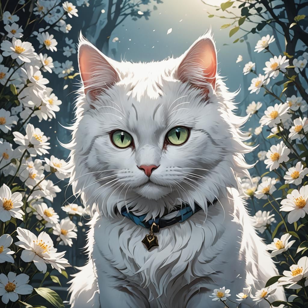 Anime White Cat in Cel-Shaded Manga Style