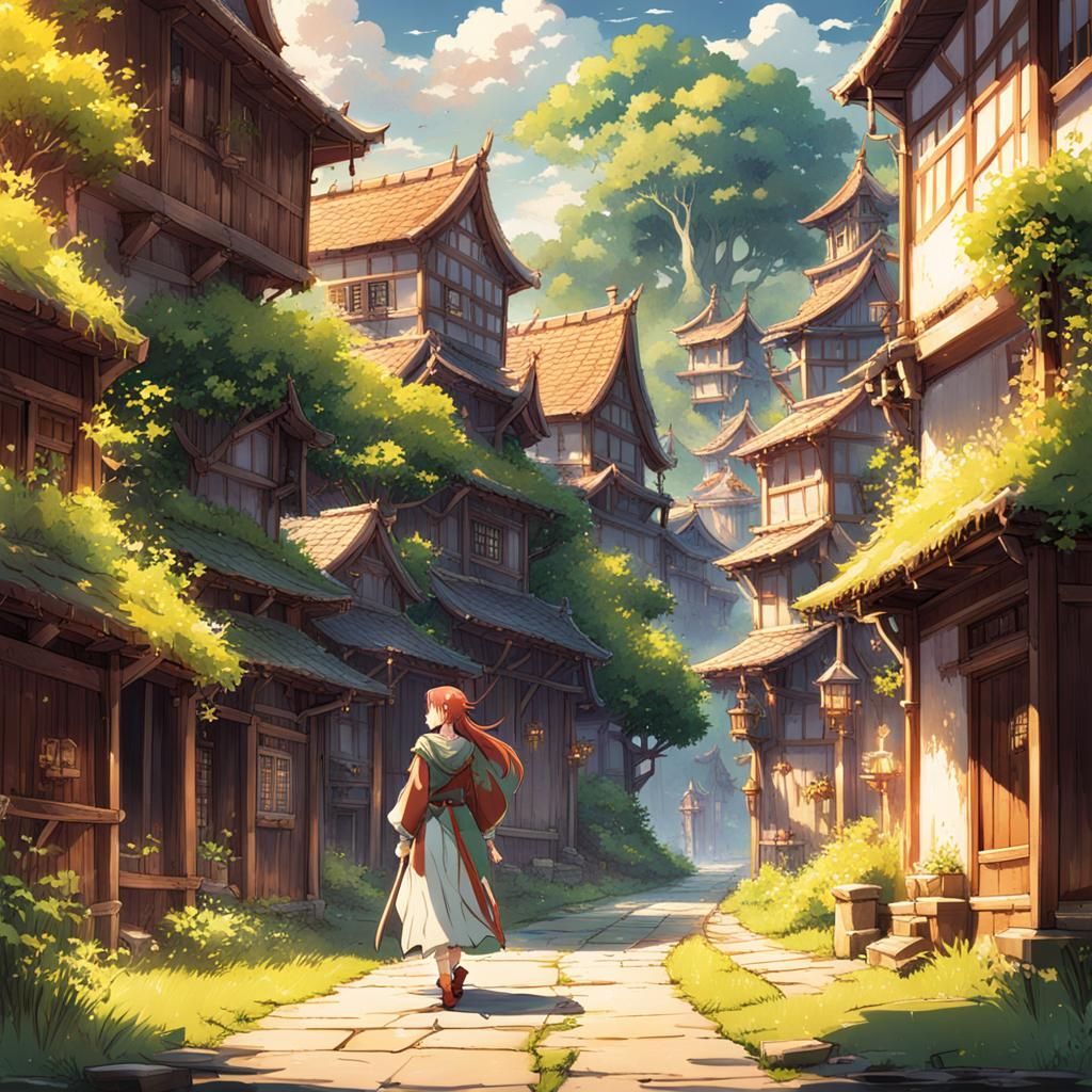 Elf Warrior in Village: Studio Ghibli Anime