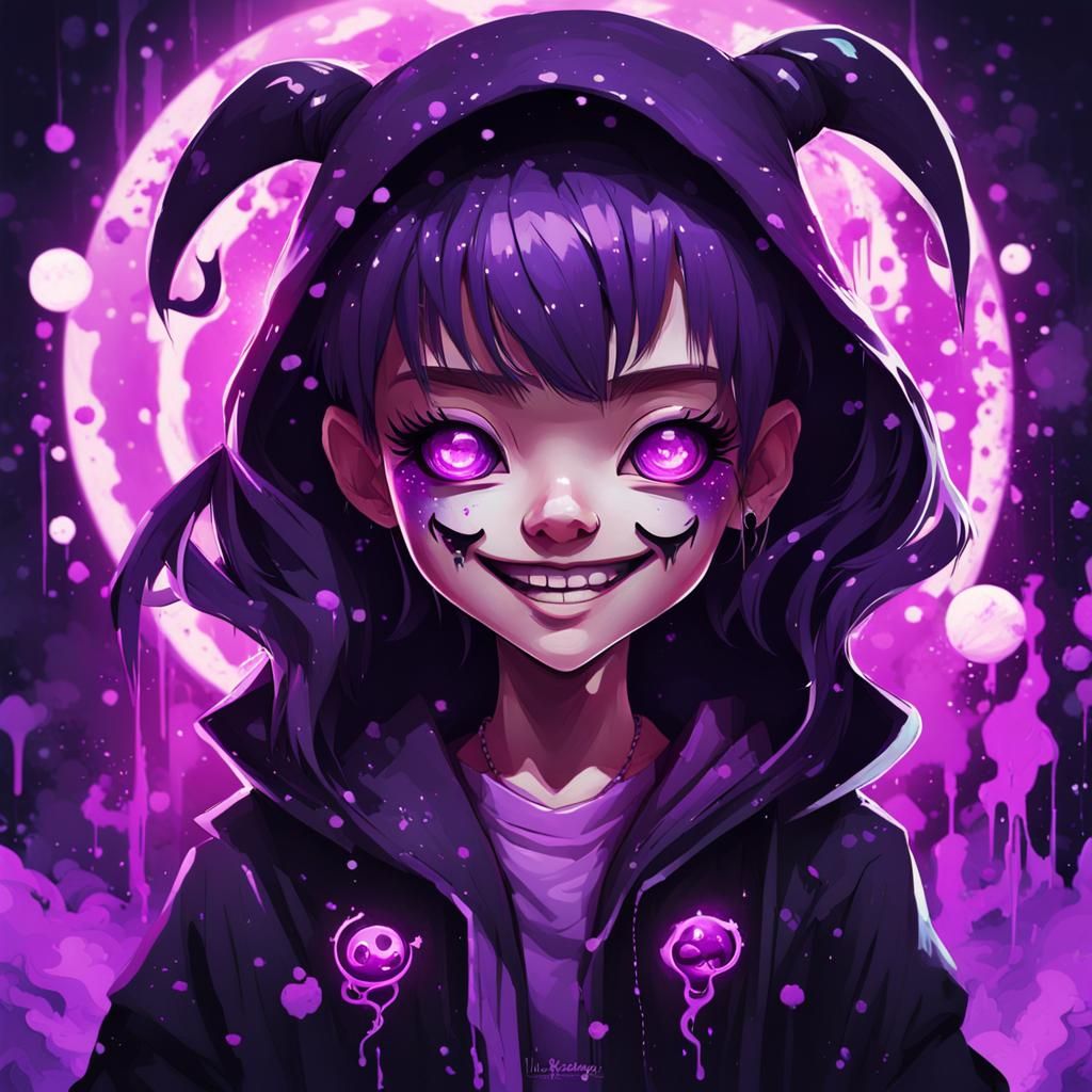 Evil Magical Girl with Crescent Eyes in Graffiti Art