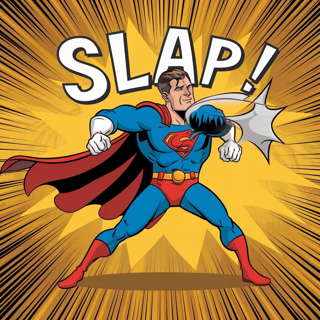 Word "SLAP" Onomatopoeia super hero slapping vilain in the f...