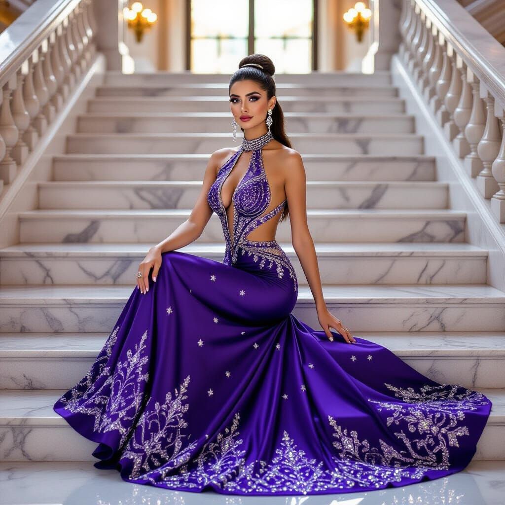 Persian Woman in Crystal Gown on Palace Stairs