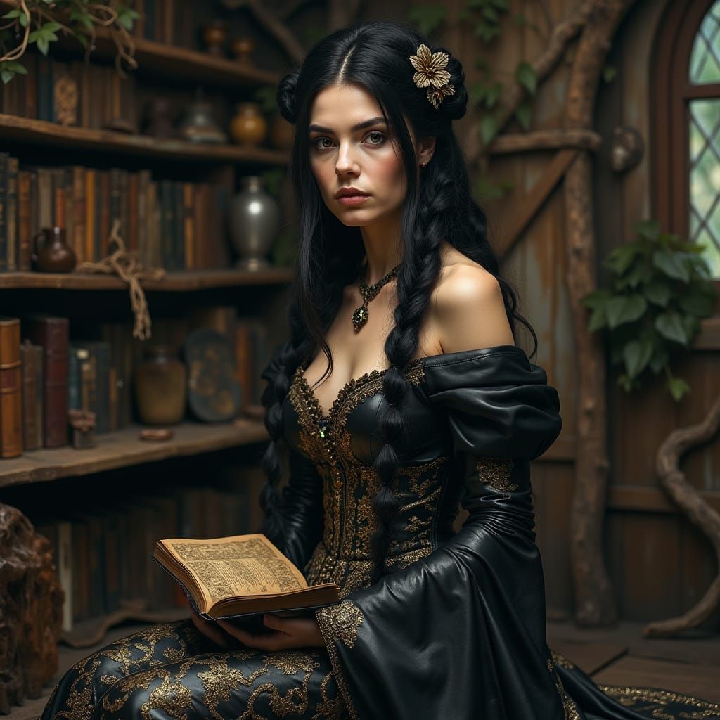 Dark-Haired Woman in Witch's Cottage, Moody Art