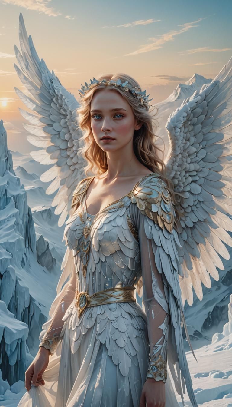 Angel on Ice Mountain in Surrealist Oil Painting