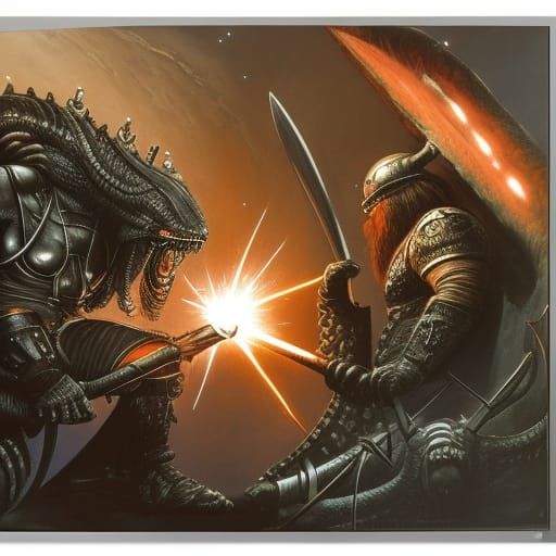 Conan Battles Alien Dragon: Dark Fantasy Concept Art