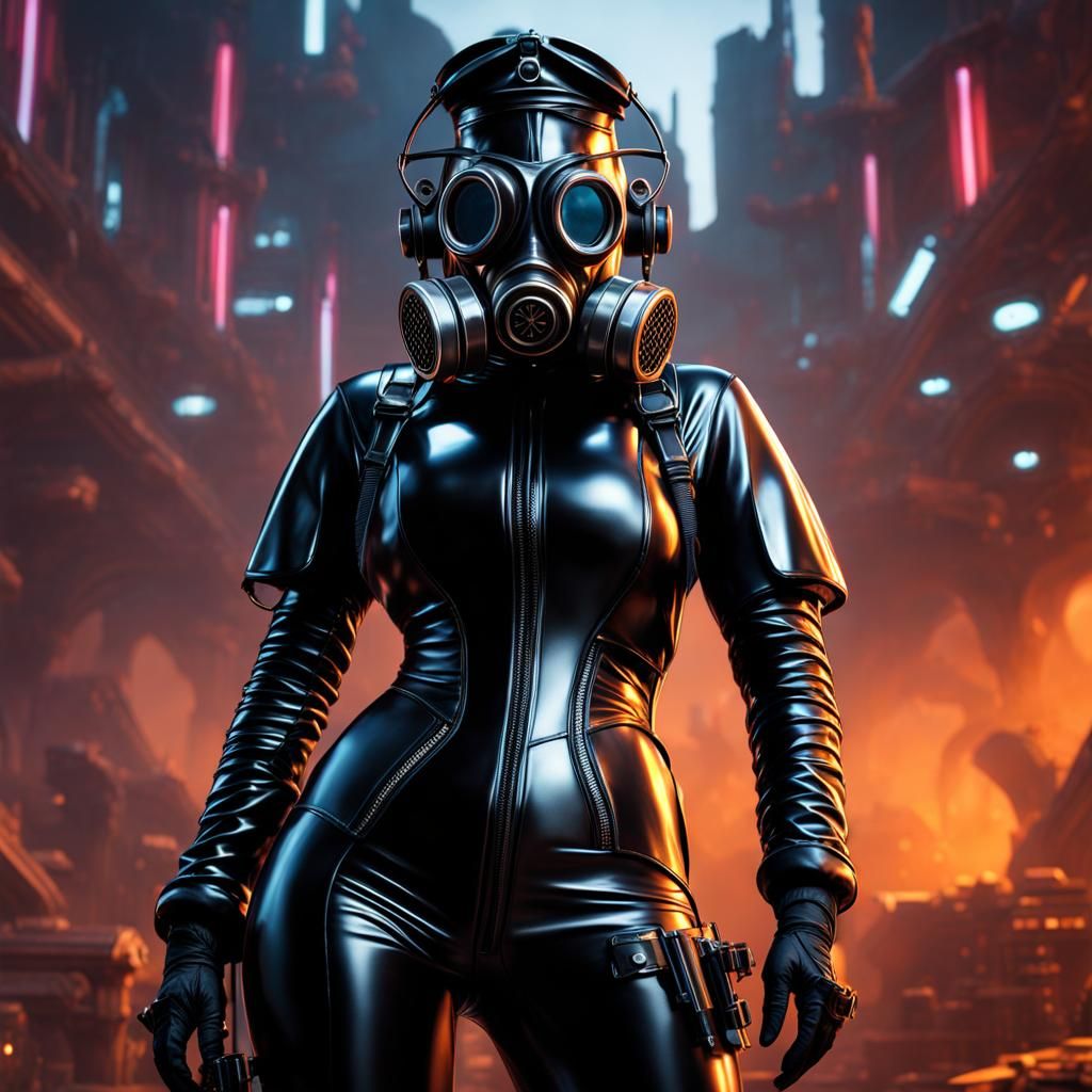 Woman in Shiny Black Outfit with Gas Mask