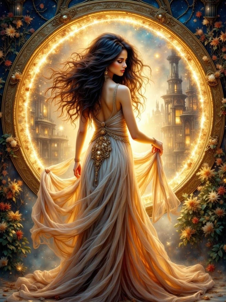 Ethereal Woman with Celestial Hair: Art Nouveau