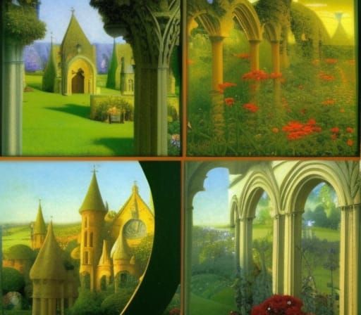 Sunrise Garden with Gothic Archways: Art Nouveau Style