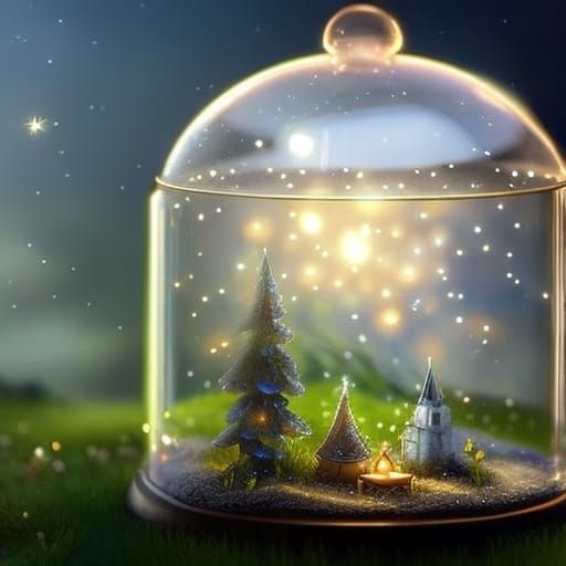 Starry Night Village in Glass Cloche: Dreamy Digital Art