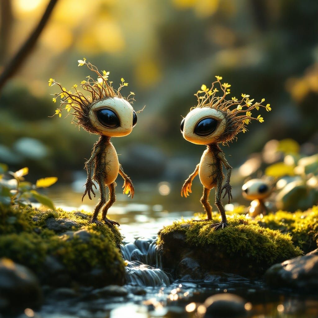Whimsical Alien Twig Folk in a Creek Landscape