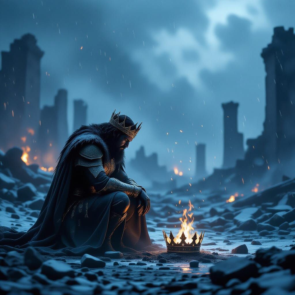 Ancient King Kneels in Ruin with Broken Crown