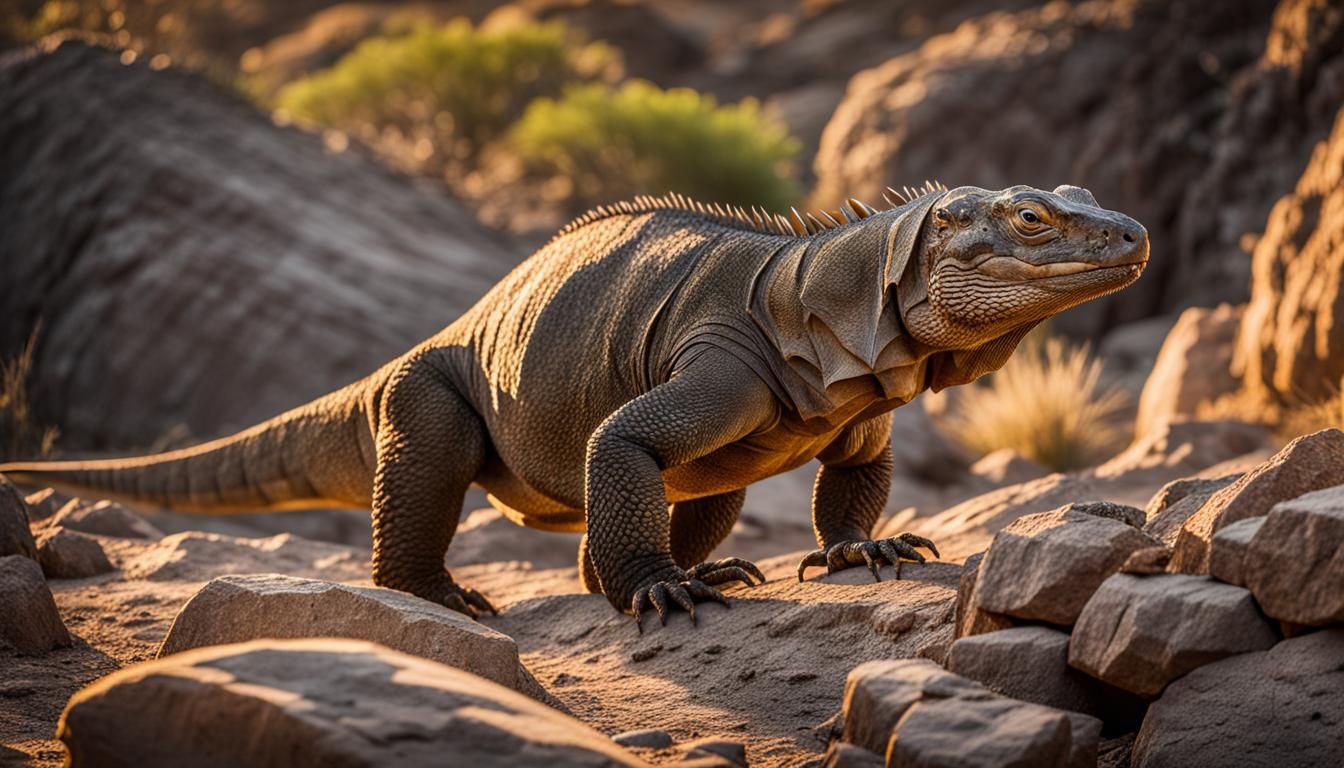 Komodo Dragon Stalks Rabbit in Golden Light
