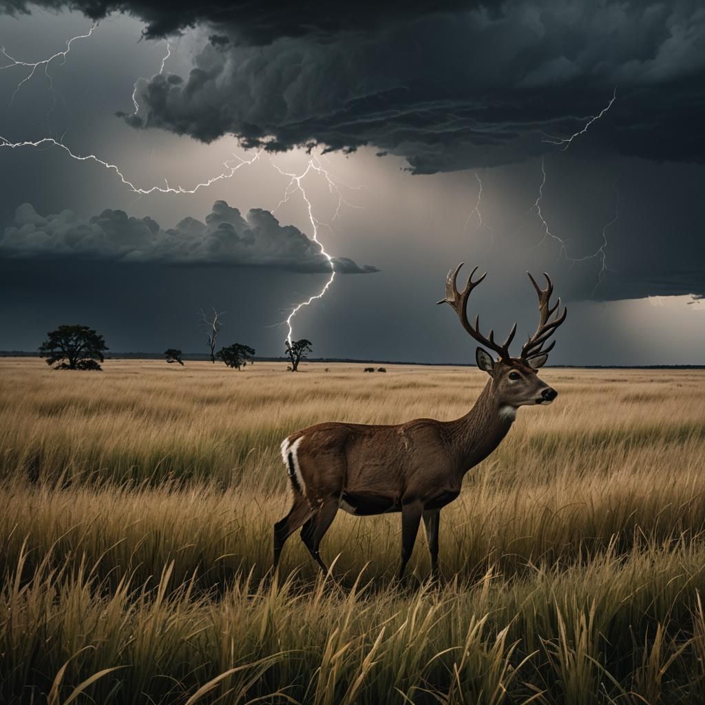 Dramatic Prairie Thunderstorm with Deer