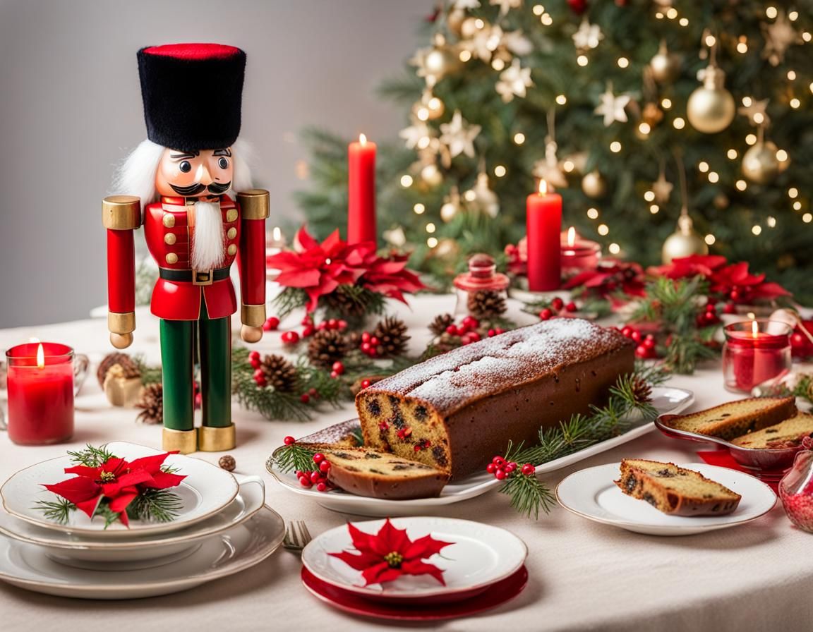 Festive Nutcracker with Fruitcake and Holiday Decor