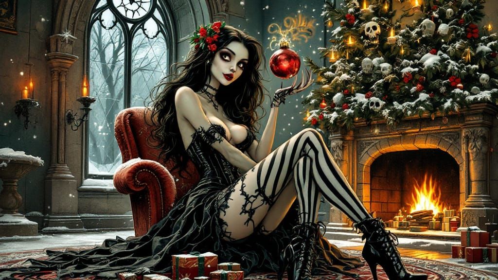 Gothic Pin-Up Girl with Nightmare Ornament