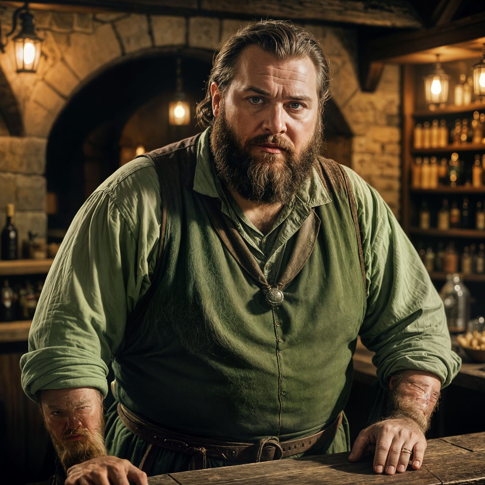 a bearded, corpulent man in a medieval tavern, medieval look...