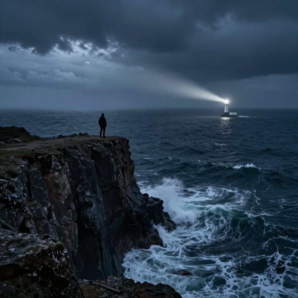 Figure on Cliff Overlooking Stormy Ocean with Lighthouse