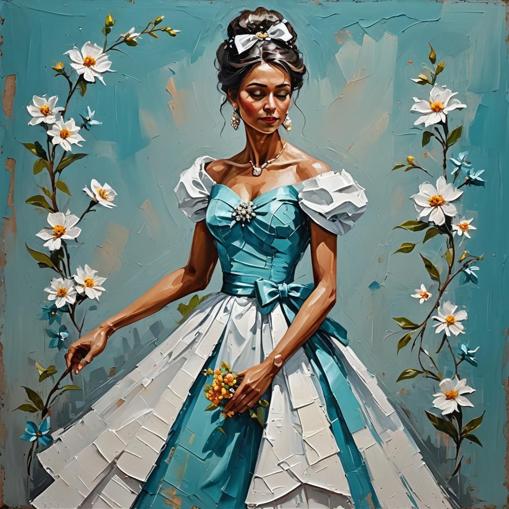 Woman in Cyan Dress as Impasto Palette Knife Painting