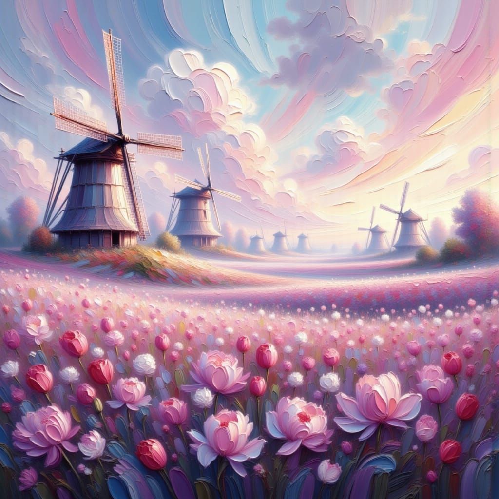 Dreamy Windmills and Tulip Garden at Sunrise