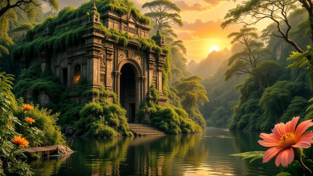 Majestic Aztec Temple in Blooming Rainforest at Sunset