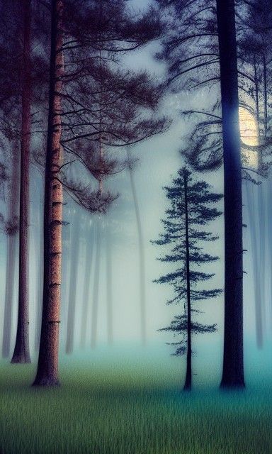 Pine Forest Landscape in Misty Haze, Matte Painting