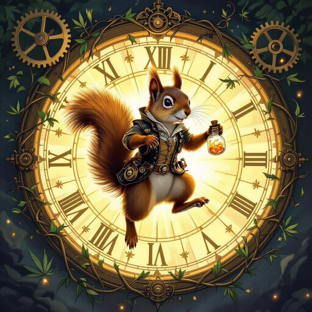 Steampunk Squirrel Through Tarot Portal, Mystical Realism