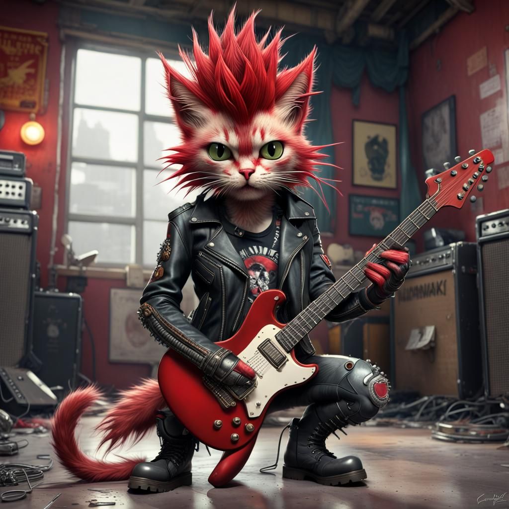 Punk Rock Cat with Guitar in Hyperrealistic Style