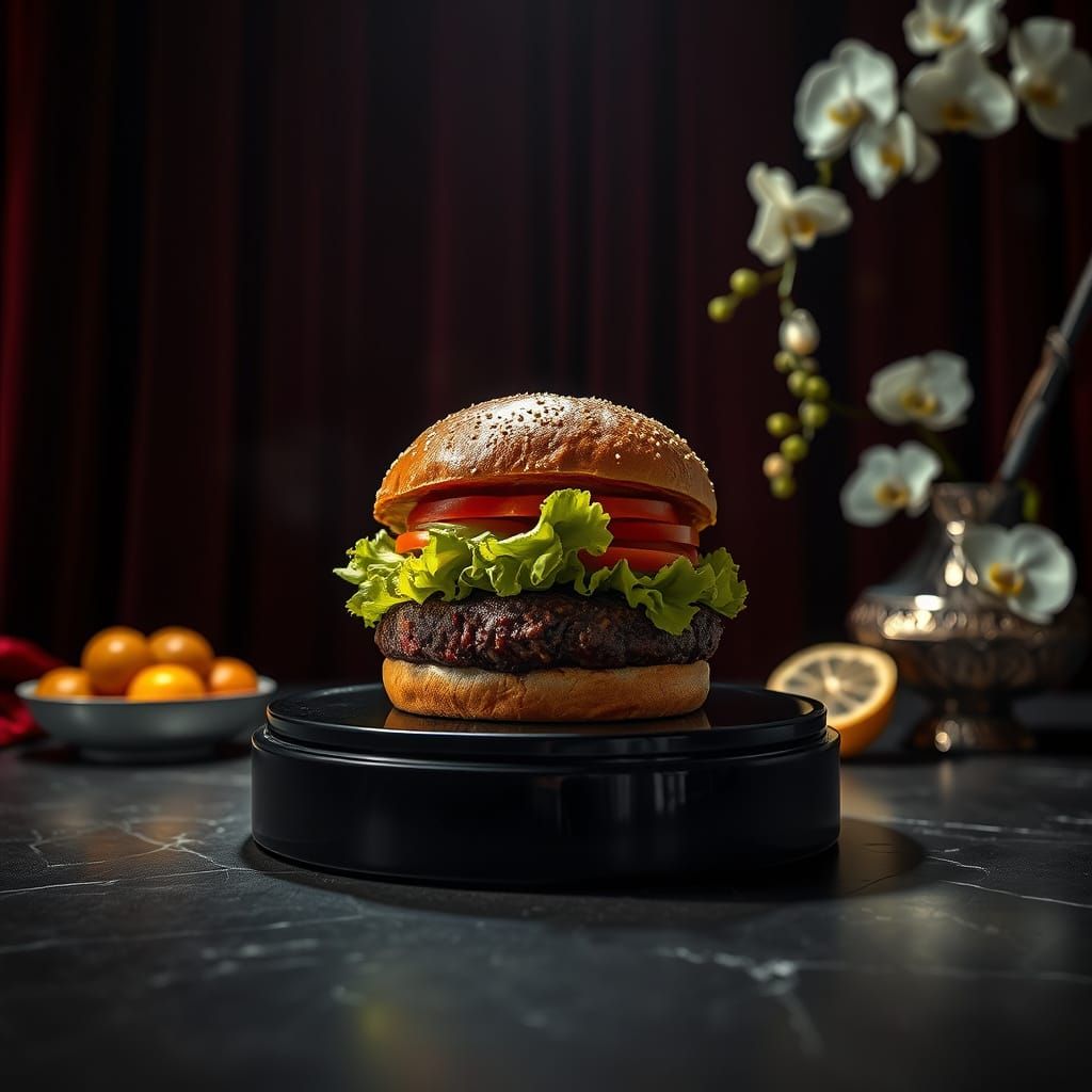 Hyperrealistic Hamburger Still Life with Stroboscopic Lighti...