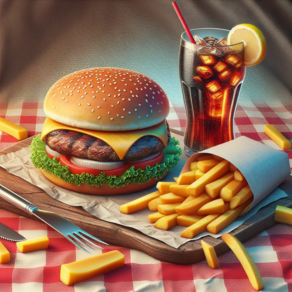 Mouthwatering Cheeseburger, Fries, and Cola Still Life