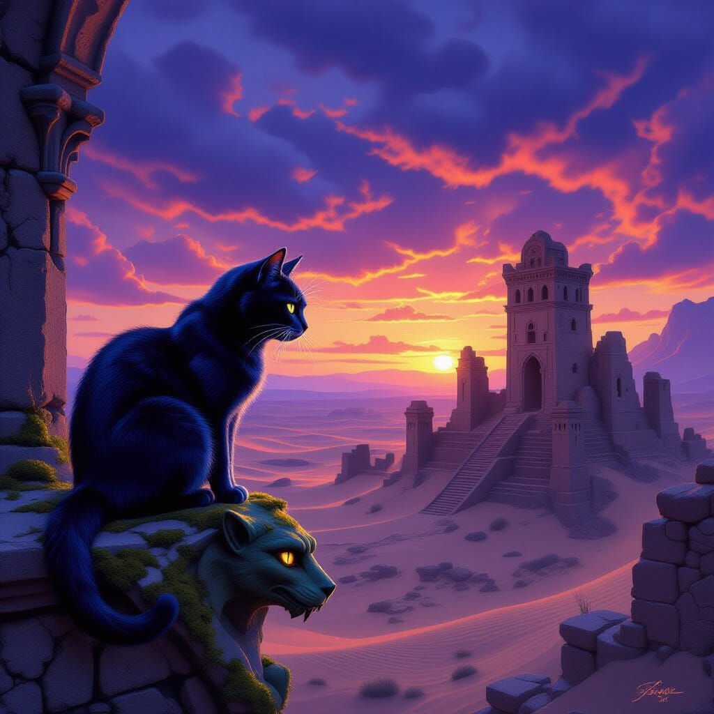 Electric Blue Cat Guards Ancient Desert Ruins at Twilight