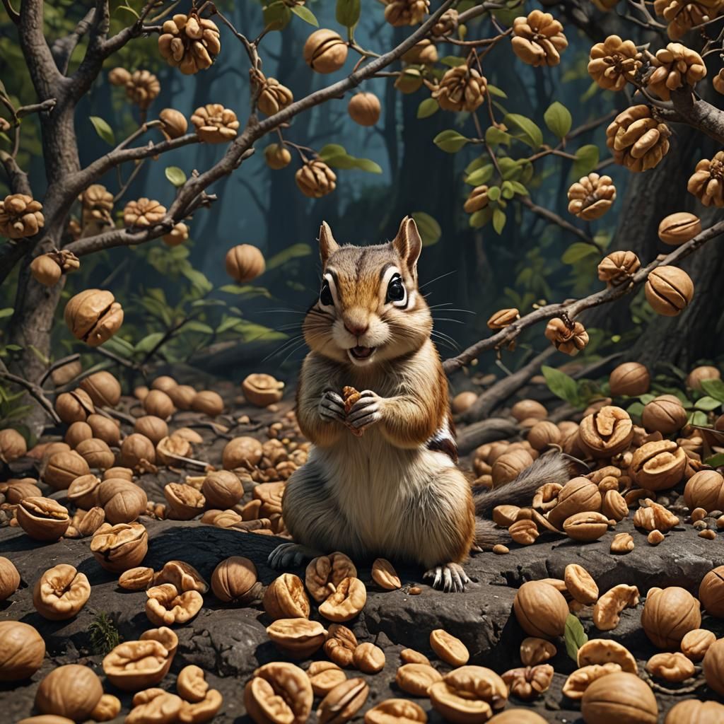 Chipmunk Eats Walnut: Detailed Matte Painting