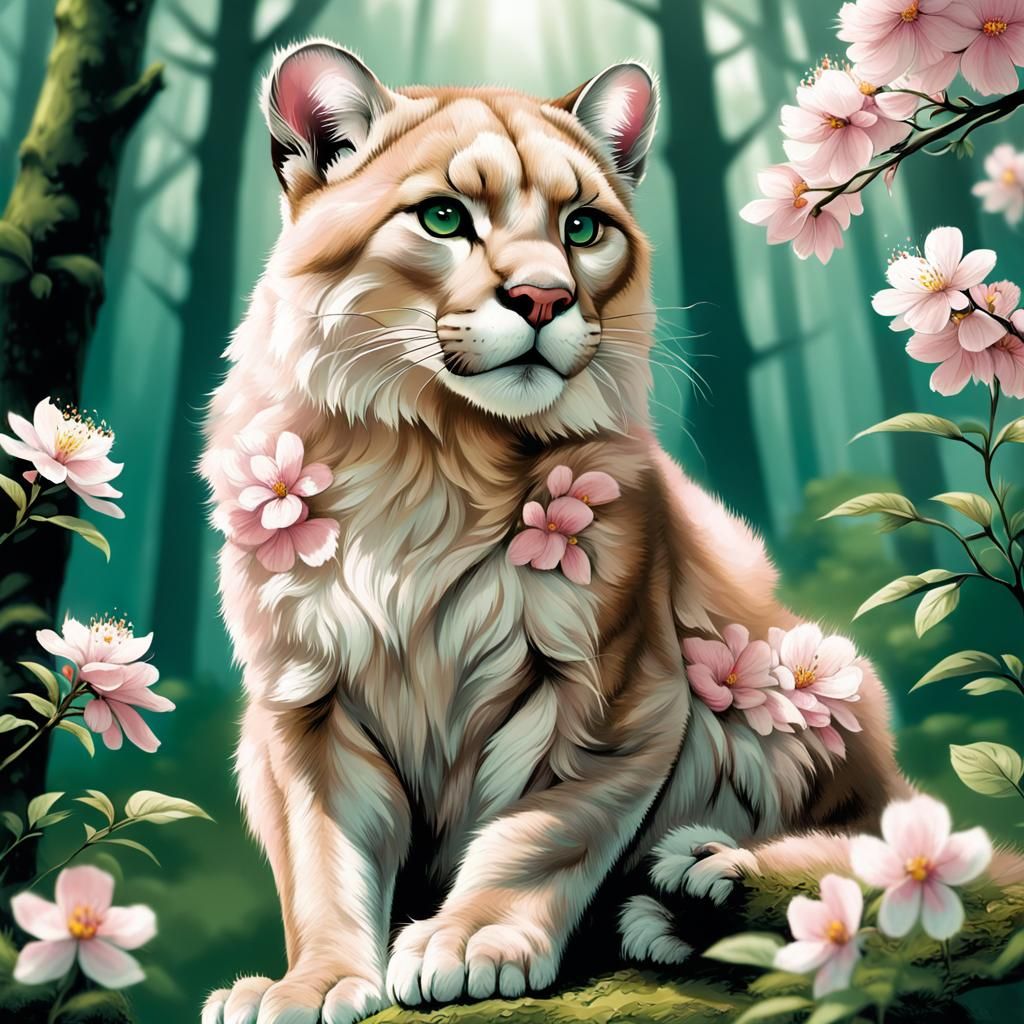 (realistic mystical charming magazine cover in the animal world,fluffy super cute super cute cougar (correct anatomy) wi...