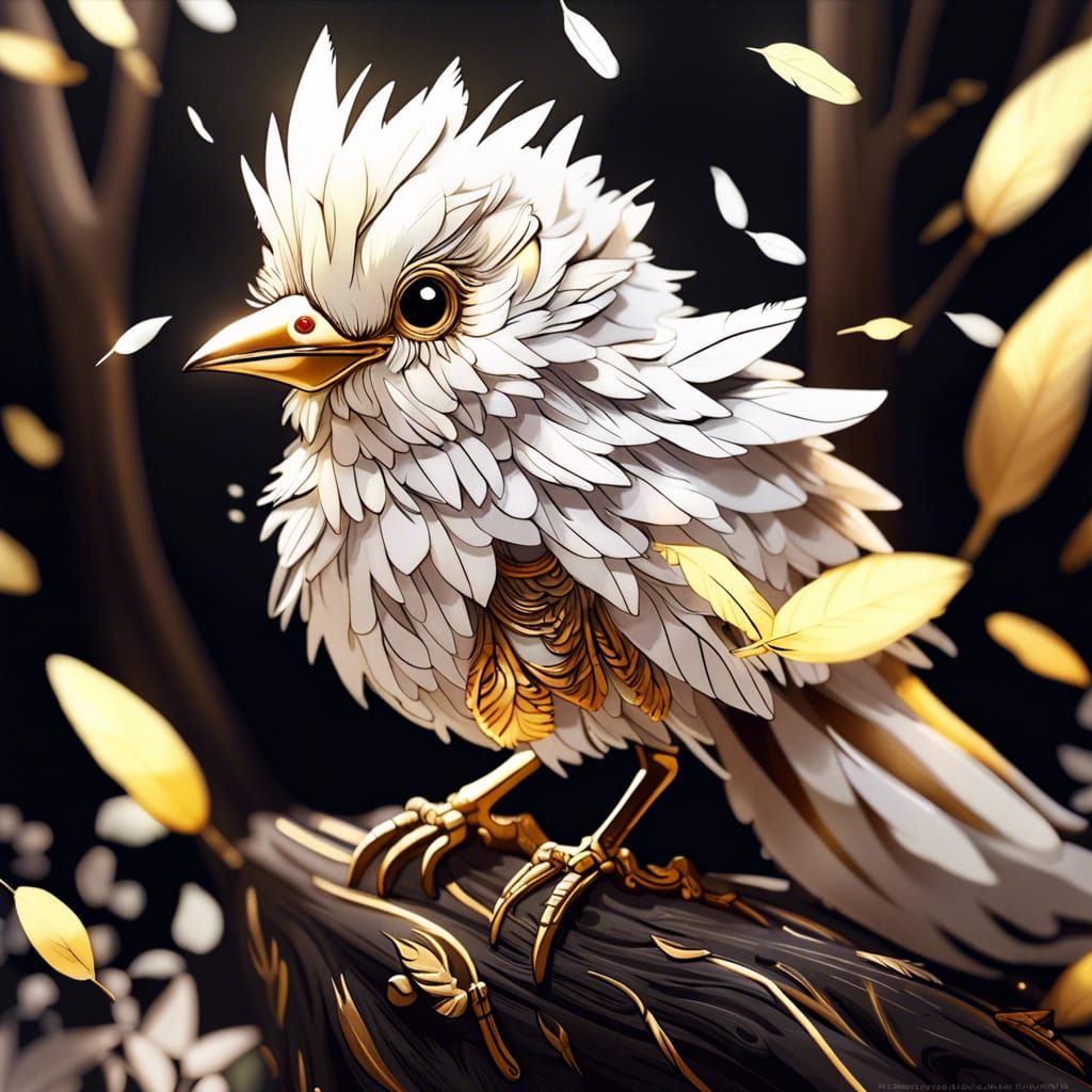 Adorable Bird Made of White and Gold Feathers