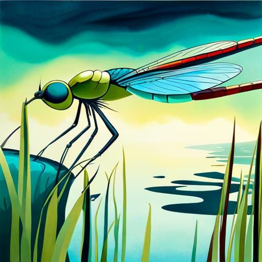 Blue Dragonfly Reflection: Gouache Painting
