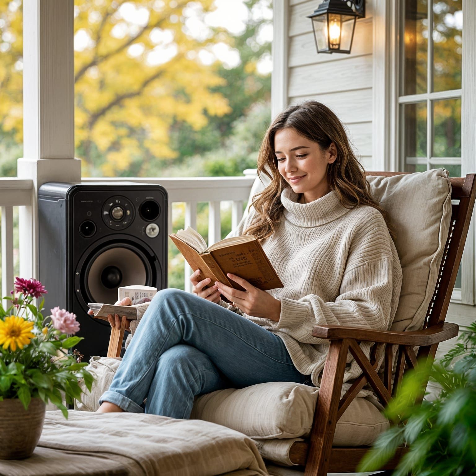 Cozy Porch Reading Scene with Stereo