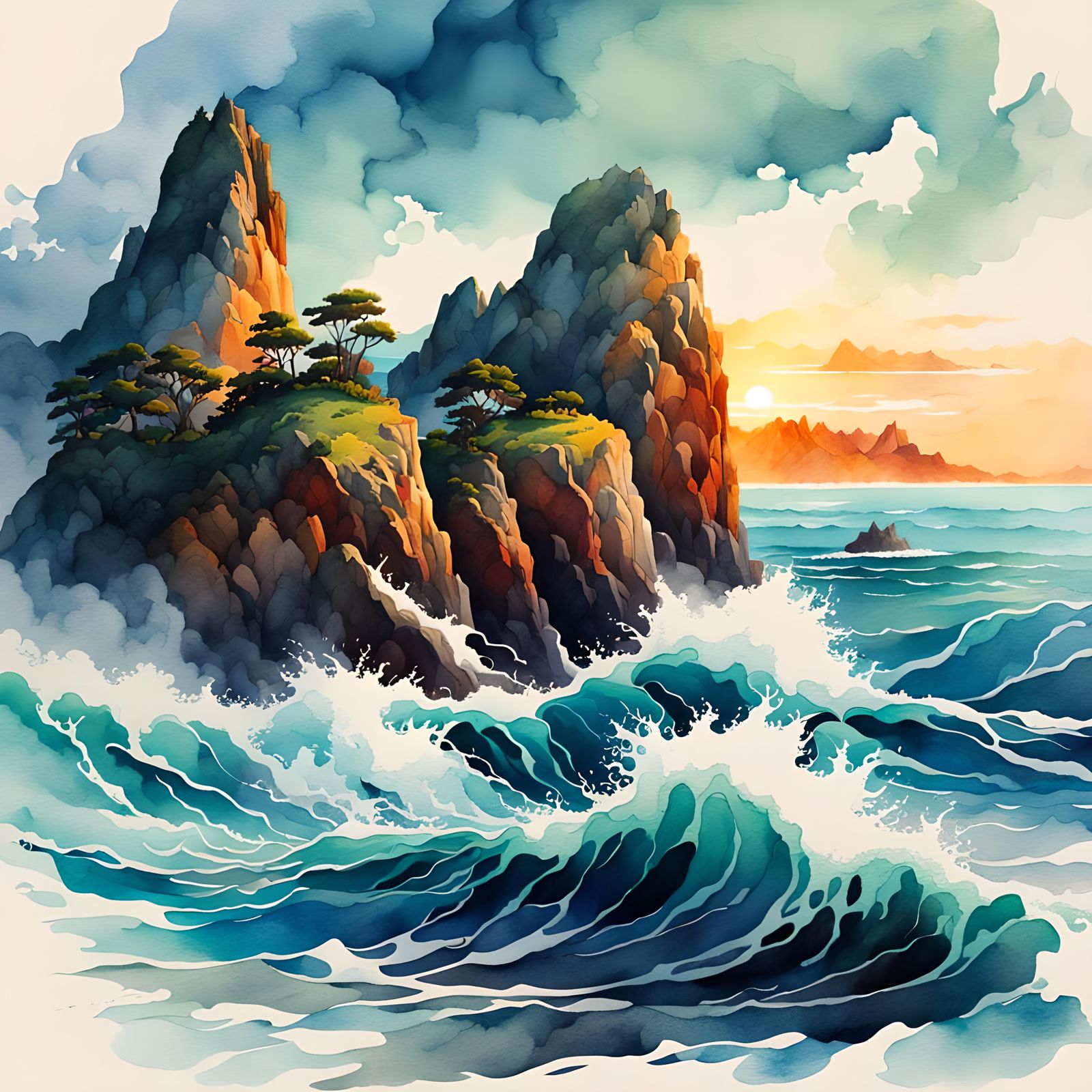Dramatic Ocean Scene in Watercolor Style