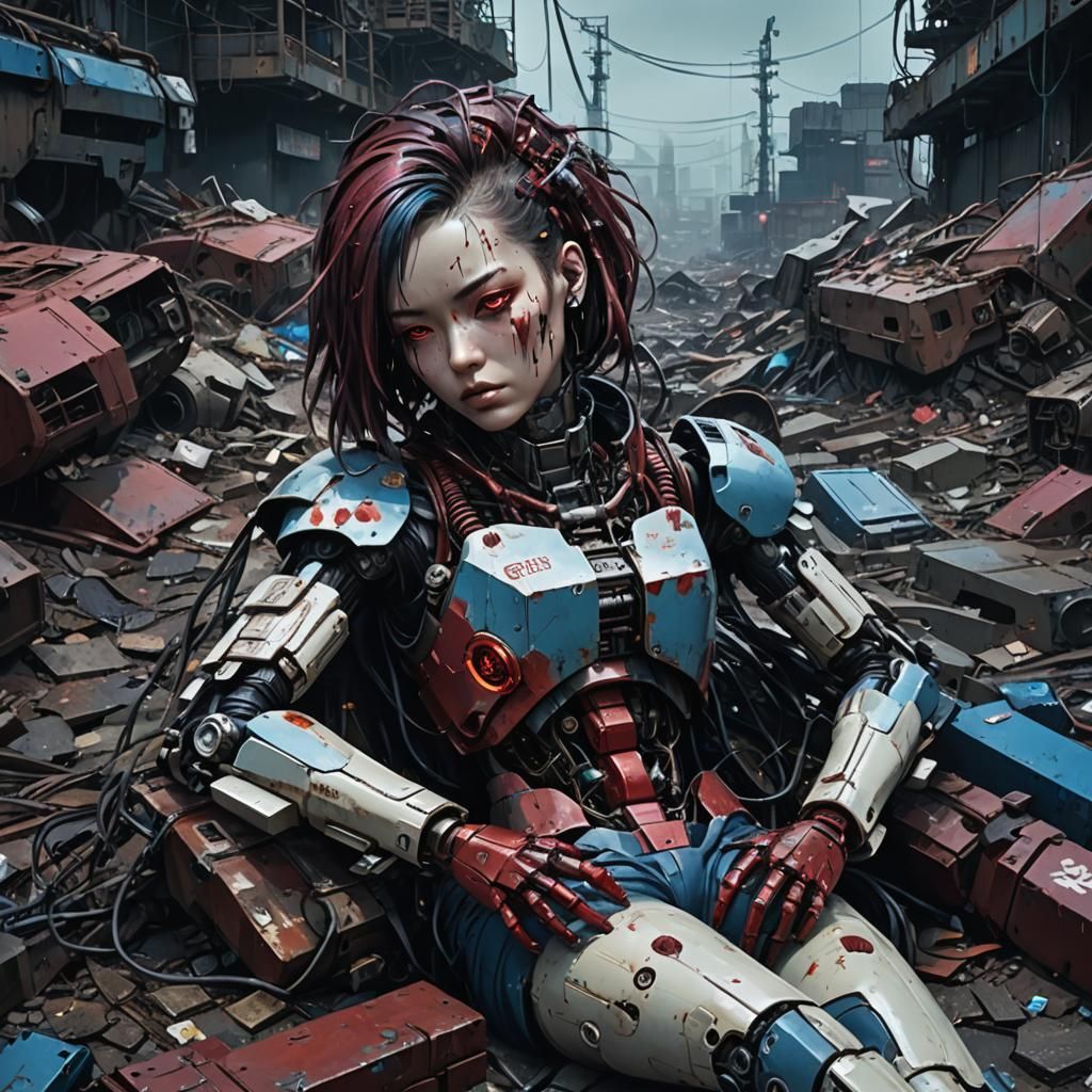 Broken Cyborg Girl in Landfill: Hyperpunk Art