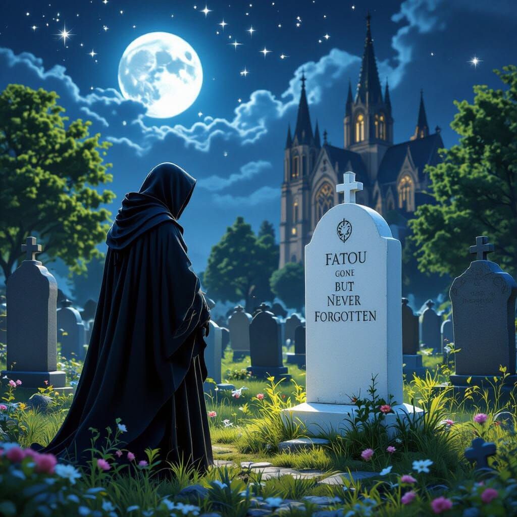 Dark Monk Gazes at White Gravestone in Moonlit Graveyard