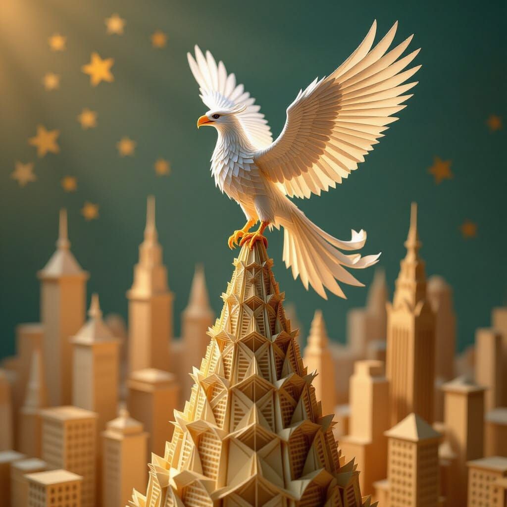 Origami Griffin Overlooking Paper Metropolis, Art Nouveau St...