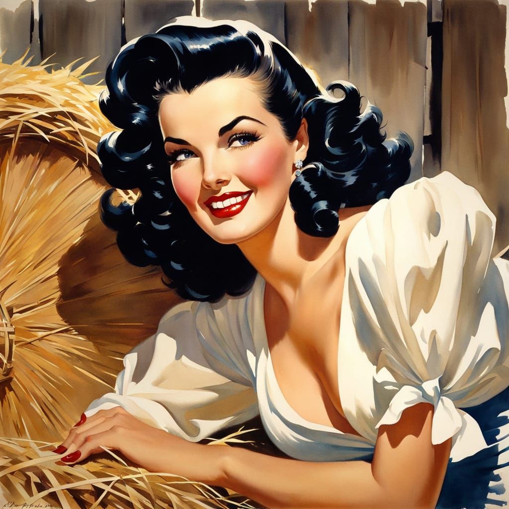 Impressionistic Watercolor of Woman Relaxing on Hay Bale