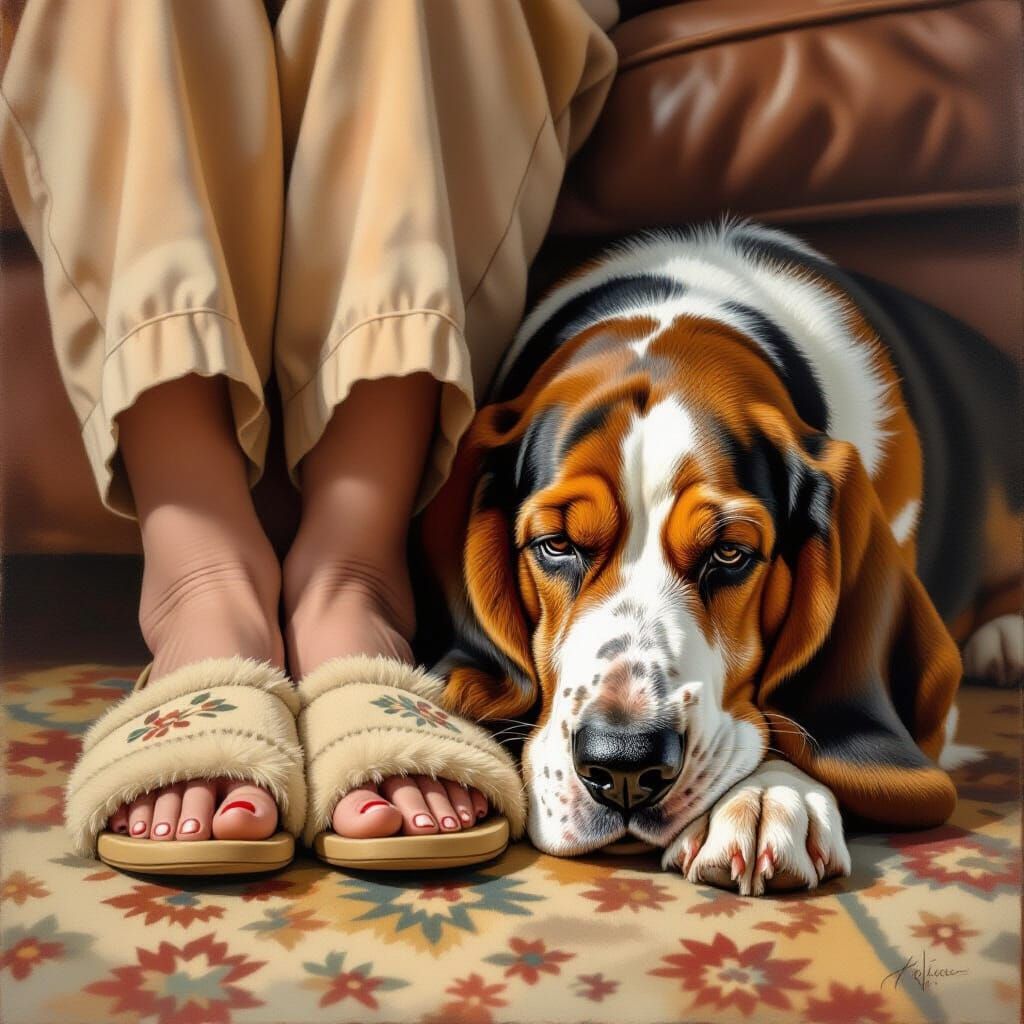 Peaceful Basset Hound Rests by Owner's Feet