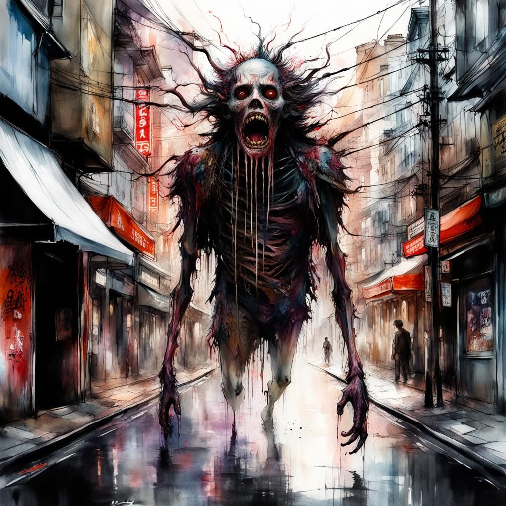 Macabre Body Horror Monster in Wastedland, Watercolor Art