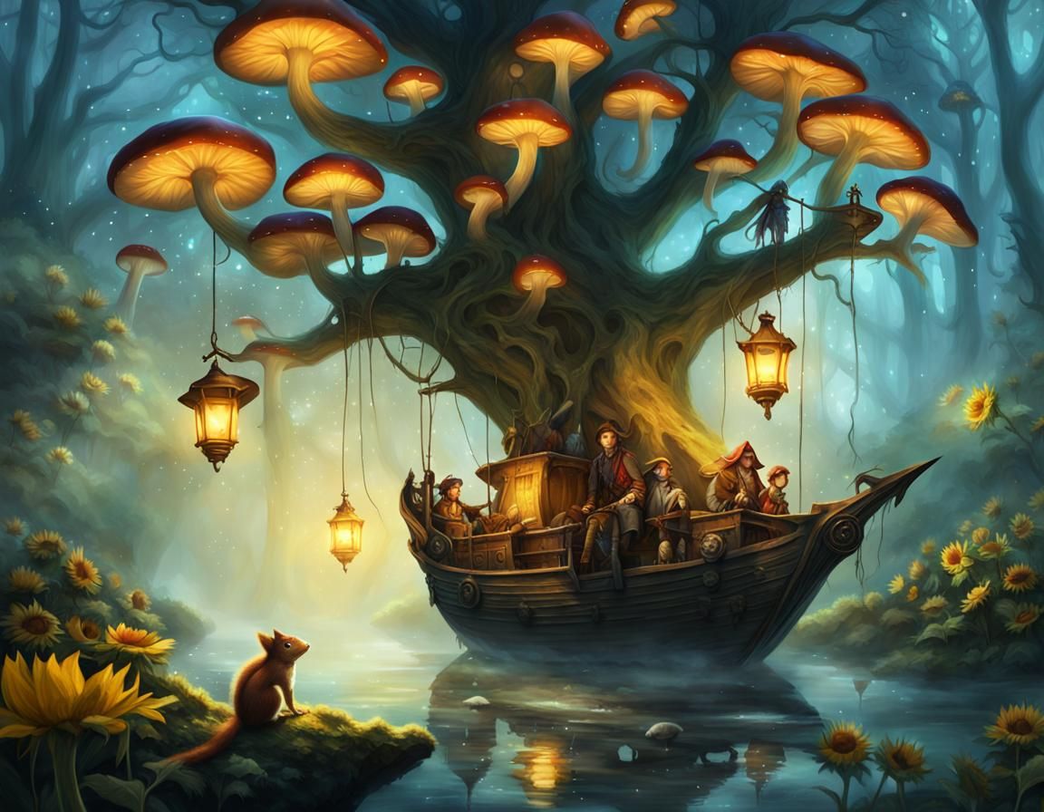 Fantasy Pirate Ship in Enchanted Forest Art