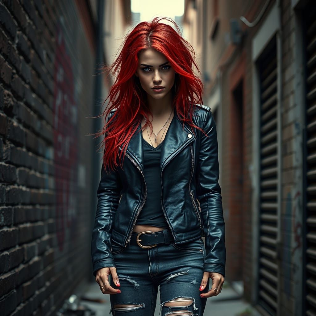 Rebellious Redhead in Urban Alleyway, Gritty Cinematic Style